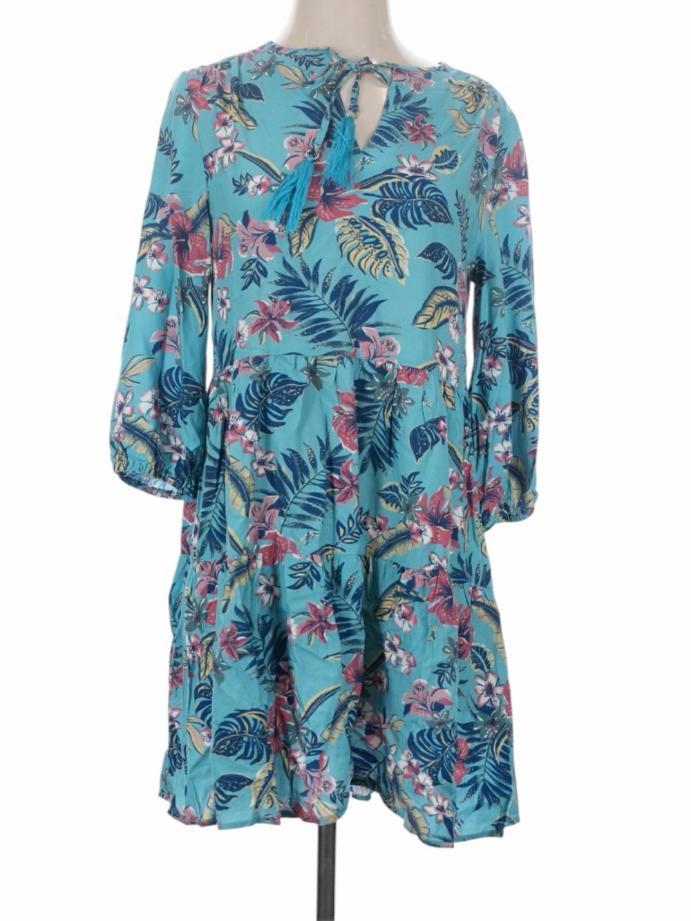 Reyn Spooner Blue Tropical Floral Hawaiian Tiered Mini Dress Tassel 3/4 sleeve
